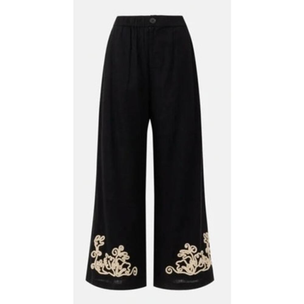 Fifteen Twenty Mason Pants Floral Rope Stitch Wide Leg Linen Blend Black Large